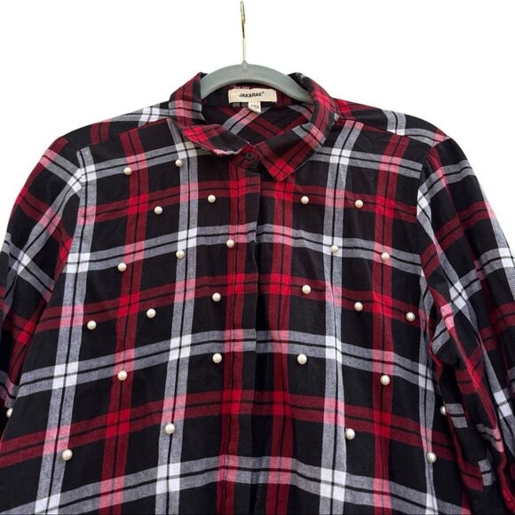JAK&RAE Larue Faux Pearl-Embellished Cotton Button-Down Shirt Red Size Medium - Picture 7 of 8